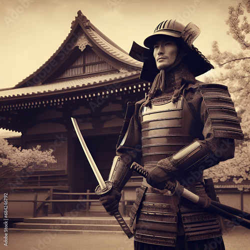Mystical Terrifying  Martial Ronin Samurai Warrior Demon with Bushido Moral Code Attitude Wearing Demonic Japanese Armor & Holding a Katana Sword Standing in Front of Old Temple Battle Ready Sun Tzu photo