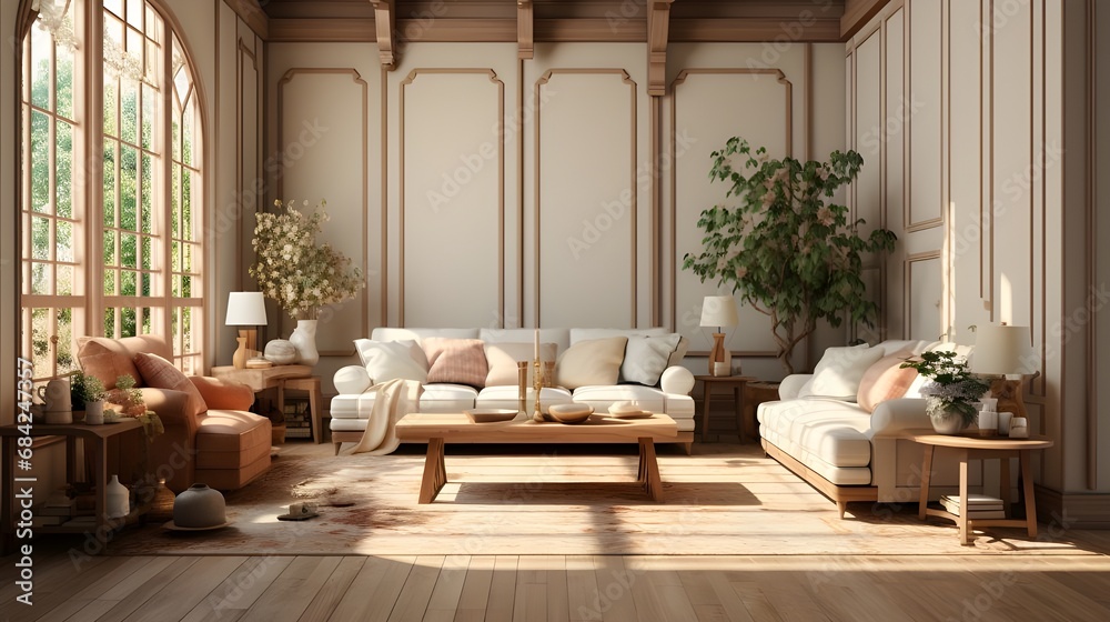 empty room full of beige and wood furniture, in the style of vray tracing, serene and tranquil scene