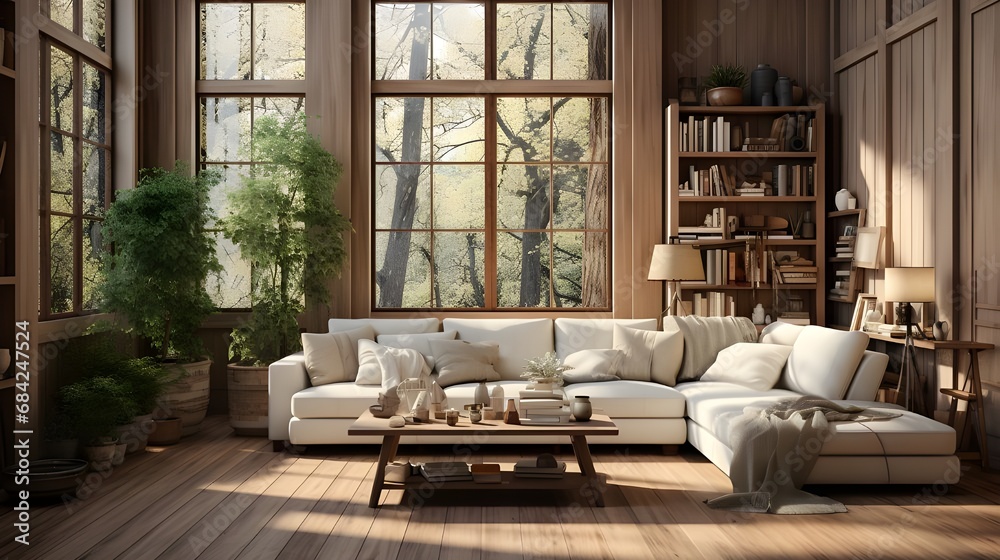 empty room full of beige and wood furniture, in the style of vray tracing, serene and tranquil scene