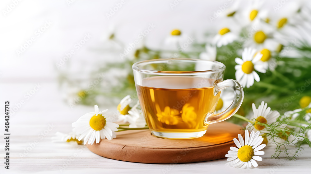 International Tea Day, Herbal chamomile tea in a glass cup with white flower International Tea Day, Herbal chamomile tea in a glass cup with white flower