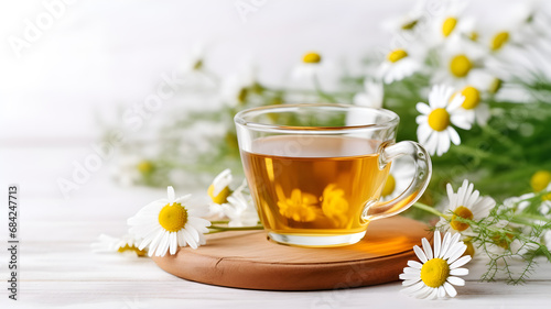 International Tea Day, Herbal chamomile tea in a glass cup with white flower photo