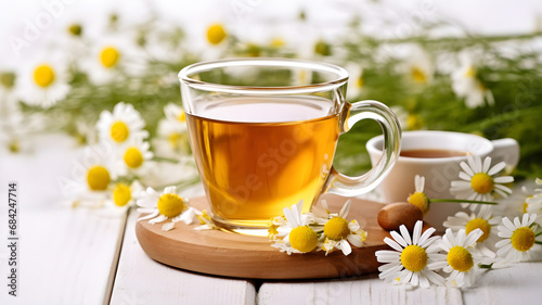 Herbal chamomile tea in a glass cup with white flower