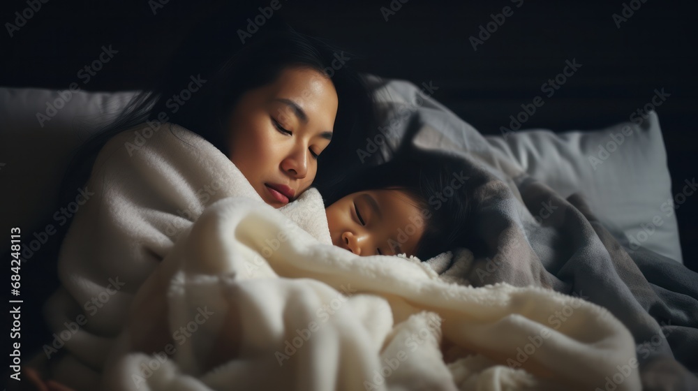 asian woman take care of little ill daughter. Sick child lying on bed under blanket, with worried. single mom taking care of sick daughter at home. child has a high fever. covers on the couch and ill. asian woman take care of little ill daughter. Sick child lying on bed under blanket, with worried. single mom taking care of sick daughter at home. child has a high fever. covers on the couch and ill.