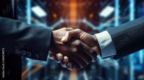 Close up of business people shaking hands against technology background, leader, teamwork, target, Aim, confident, achievement, goal, on plan, finish, generate by AI