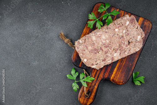 pate terrine champagne traditional meat fresh tasty eating cooking appetizer meal food snack on the table copy space food background rustic top view