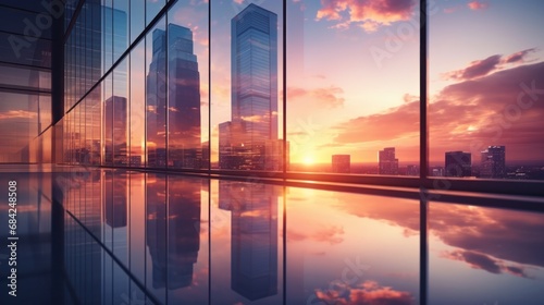 Modern office building or business center. High-rise window buildings made of glass reflect the clouds and the sunset. empty street outside  wall modernity civilization. growing up business