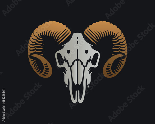 Ram skull. Golden horns and silver head. Modern logo, label, emblem