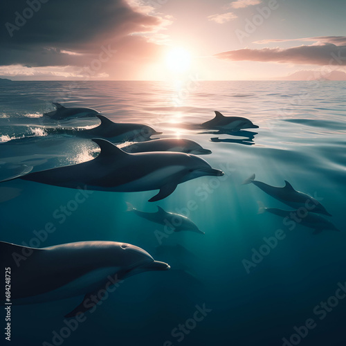 A Pod Group of Playful Dolphins Swimming and Jumping on the Waters Surface in the Clear Sparking Open Blue Pacific Ocean Sea Life at a Beautiful Sunny Sunrise / Sunset Wildlife Scenery Natural Habitat © Frank