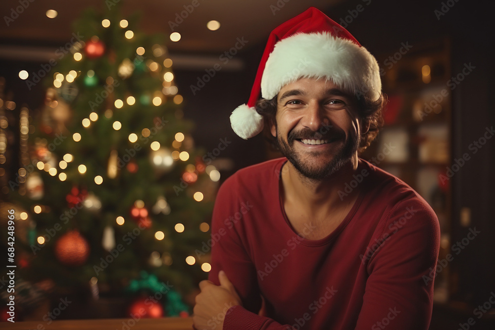 Handsome man in Santa Claus hat, New Year. AI generative.
