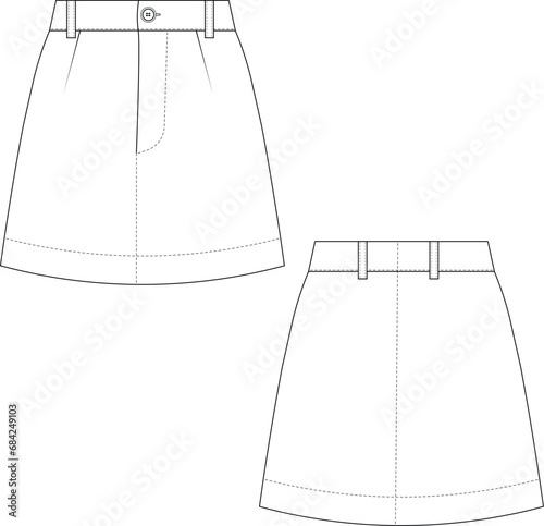 mini a line skirt jean denim short skirt template technical drawing flat sketch cad mockup fashion woman