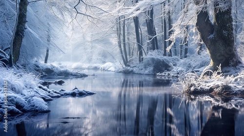 Beautiful winter forest landscape with river and trees in hoarfrost and fog.