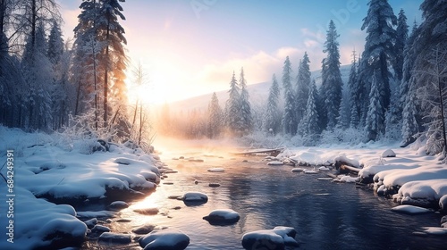 Fantastic winter landscape with snowy trees and river at sunrise