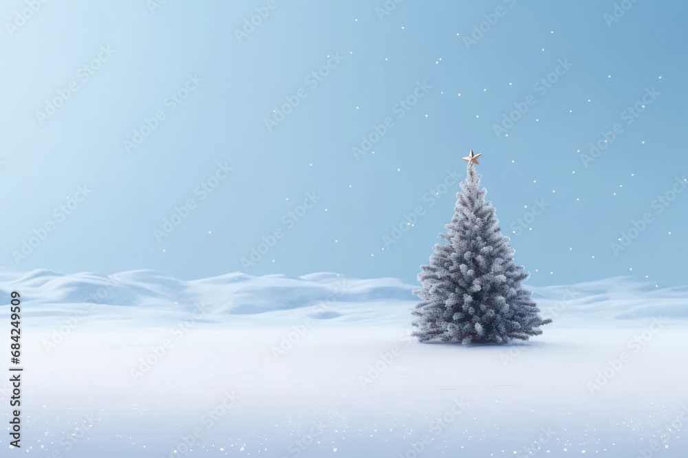 New Year's background with copy space, Christmas tree with a star against the background of a snowy sky. AI generative.
