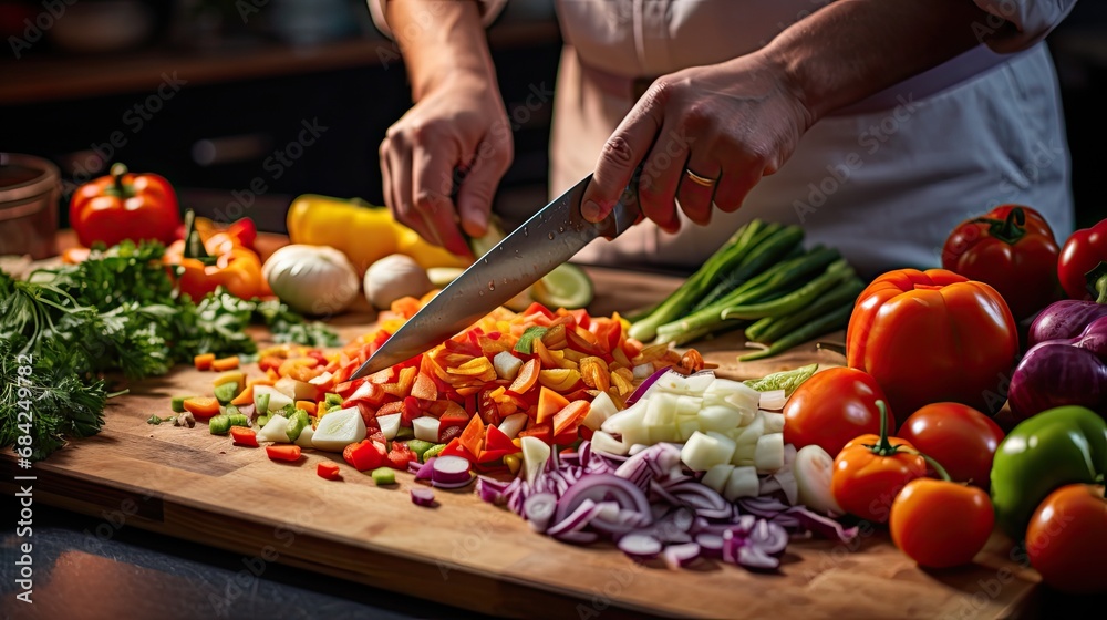 Chef Expertly Chopping Vegetables in Busy Kitchen Chef Expertly Chopping Vegetables in Busy Kitchen