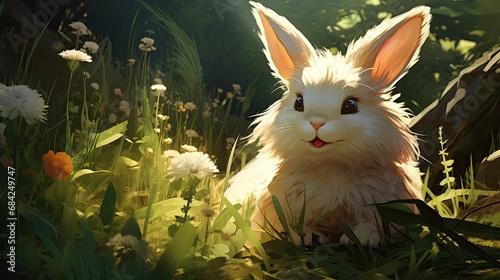 Fluffy Rabbit Resting in Lush Green Meadow