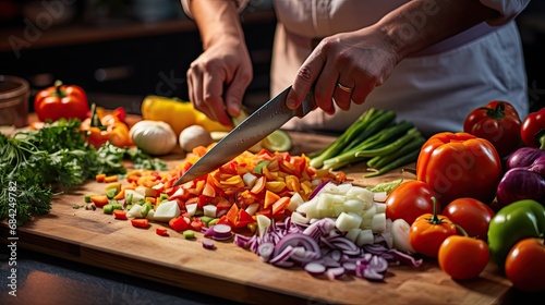 Chef Expertly Chopping Vegetables in Busy Kitchen