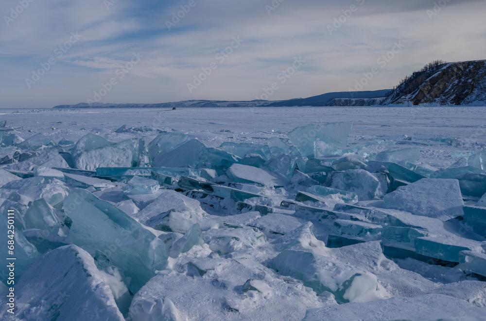 On the ice of Lake Baikal. beautiful pieces of ice. Ice hummock on the ice of lake Baikal