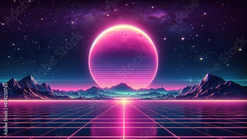 Abstract retro sci-fi grid 80's, 90's neon colors night and sunset, vintage cyberpunk illustration, retro synthwave style neon landscape background.