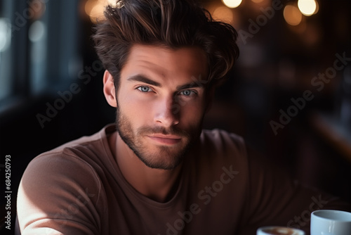 Handsome man with gorgeous hair portrait in a cafe