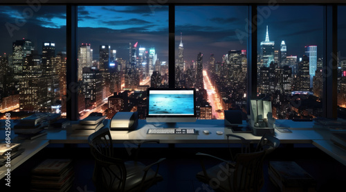 Shot of the Businessman Desk and Desktop Computer. Stylish Office Studio with Dimmed Light and Big Cityscape Window View