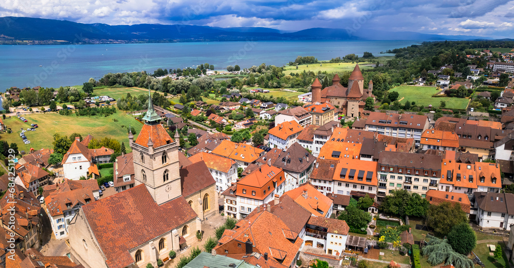 Switzerland scenic places. Estavayer-le-lac - charming traditional village, lake Neuchatel. aerial drone video of medieval castle. Canton Fribourg