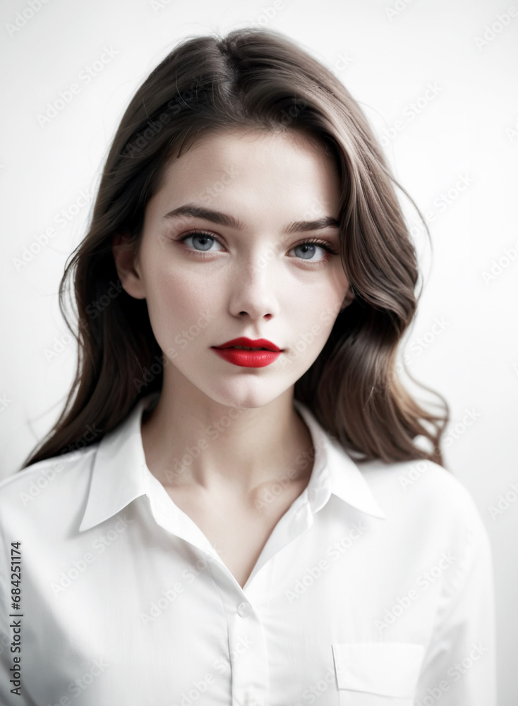 ritratto di giovane affascinante ragazza, capelli bruni lunghi, rossetto rosso e camicia bianca ritratto di giovane affascinante ragazza, capelli bruni lunghi, rossetto rosso e camicia bianca