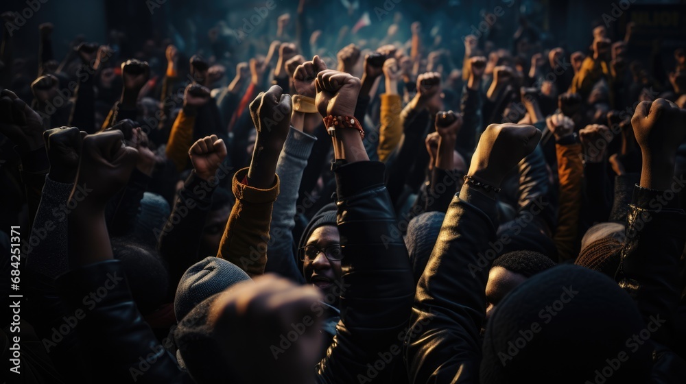 black race activist with raised fists, creating a strong sense of solidarity and determination, black History Month - obrazy, fototapety, plakaty 