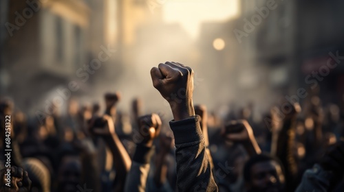 black race activist with raised fists, creating a strong sense of solidarity and determination, black History Month photo