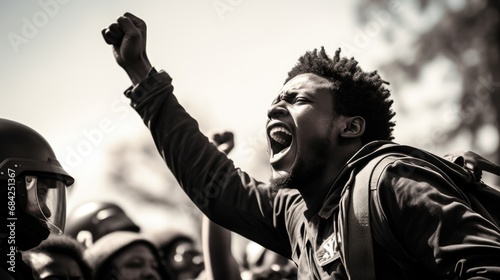 black race activist with raised fists, creating a strong sense of solidarity and determination, black History Month