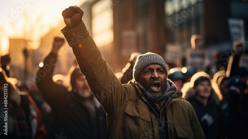 black race activist with raised fists, creating a strong sense of solidarity and determination, black History Month