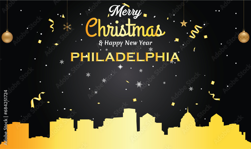 Christmas and New year black greeting card with golden panorama of the city of Philadelphia, Pennsylvania - US State