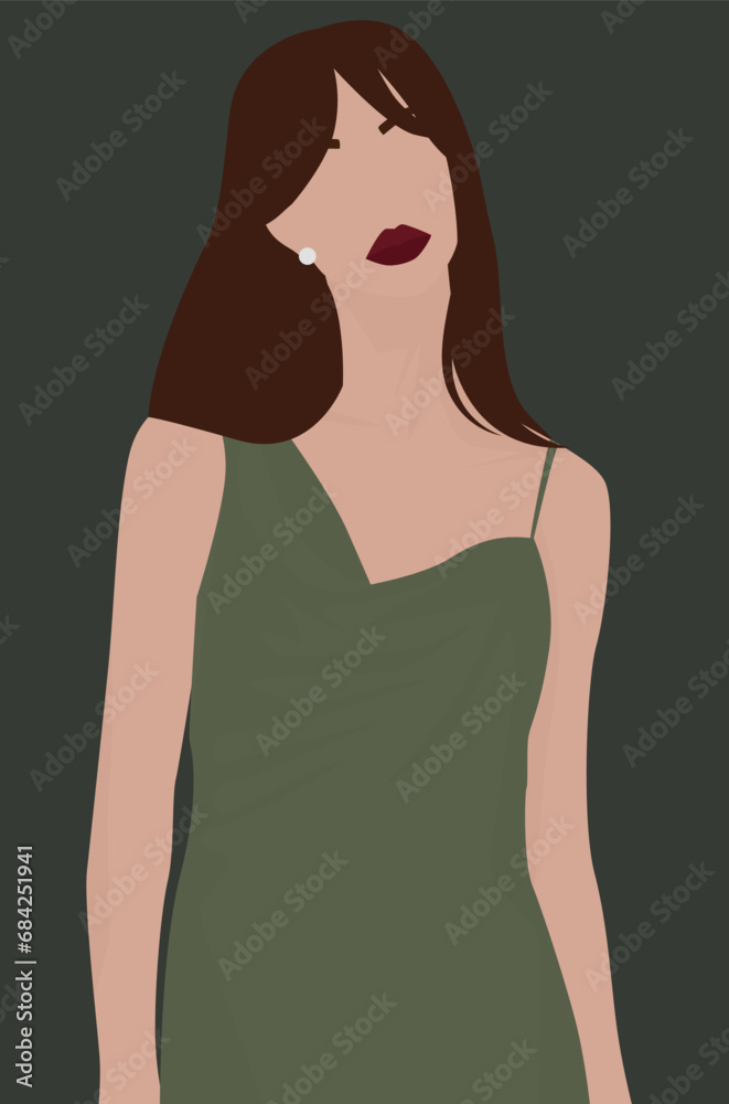 Vector flat image of a young girl with bright red lips. Lady in a sundress. Summer look. Design for avatars, posters, backgrounds, templates, banners, textiles, cards.