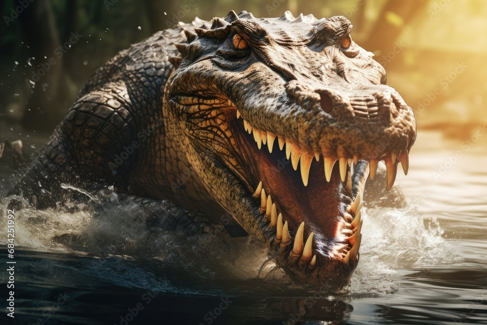 Obraz premium An aggressive crocodile with an open mouth jumps out of the water. The muzzle of a hunting crocodile in the river. A predatory, waterfowl animal.