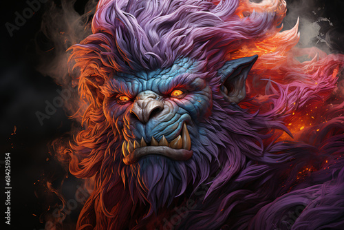 troll, a humanoid mythical creature from Scandinavian mythology. colorful illustration in light blue, orange and purple tones. © MaskaRad