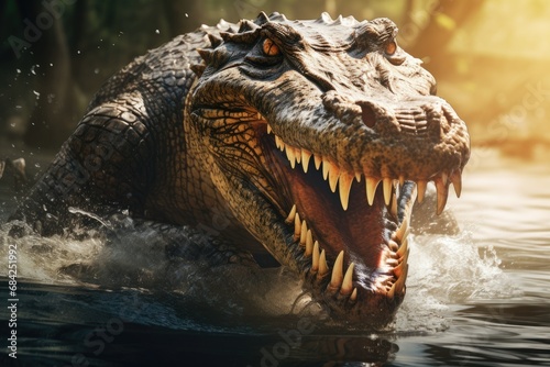 An aggressive crocodile with an open mouth jumps out of the water. The muzzle of a hunting crocodile in the river. A predatory, waterfowl animal. © BetterPhoto
