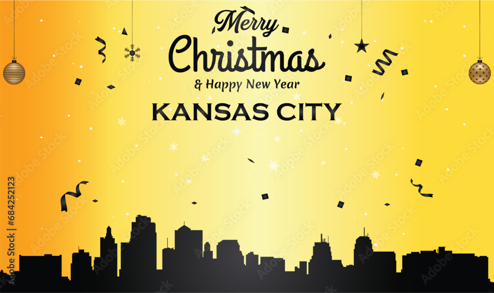 Christmas and New year golden greeting card with black panorama of the city of Kansas City, Kansas- US State