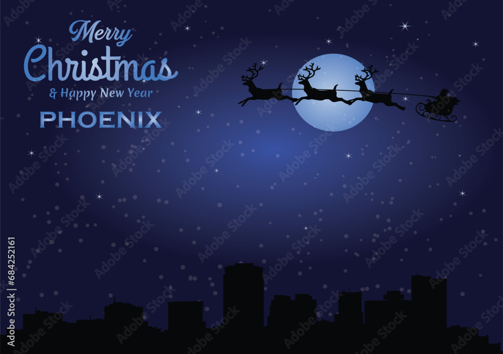 Naklejka premium Christmas and New year dark blue greeting card with Santa Claus silhouette and black panorama of the city of Phoenix, Arizona - US State