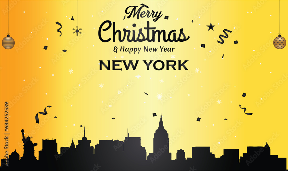 Christmas and New year golden greeting card with black panorama of the city of New York City, New York - US State