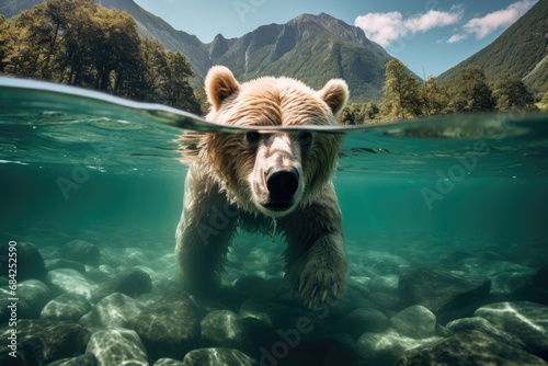 A brown bear swims under the water of a clear mountain river photo