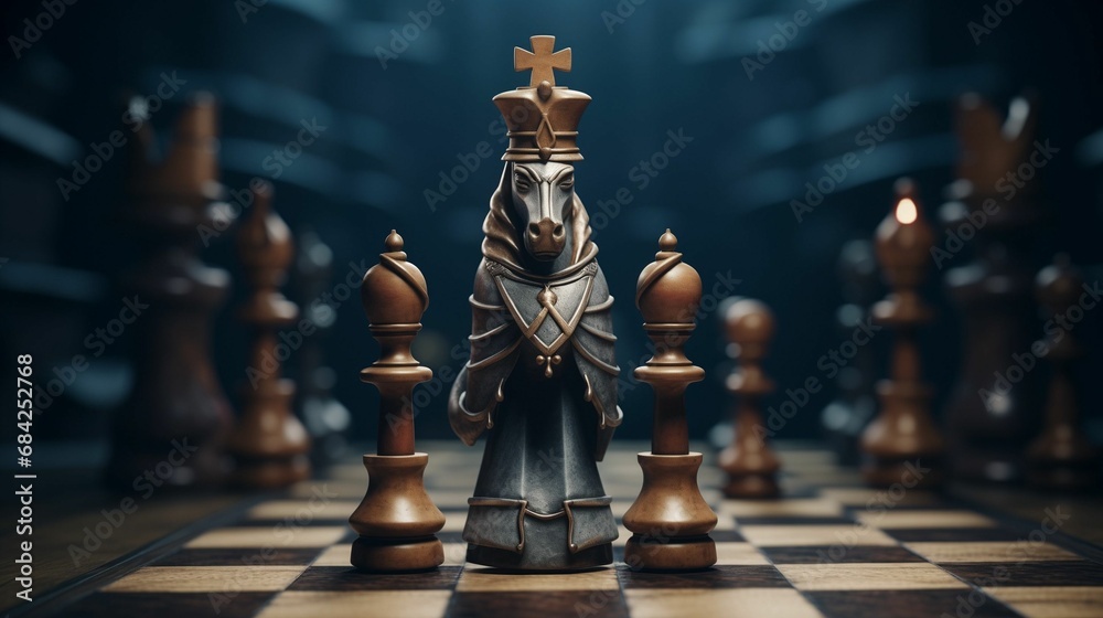 AI-generated illustration of a chess set featuring detailed pieces and figures with a unique design - obrazy, fototapety, plakaty 