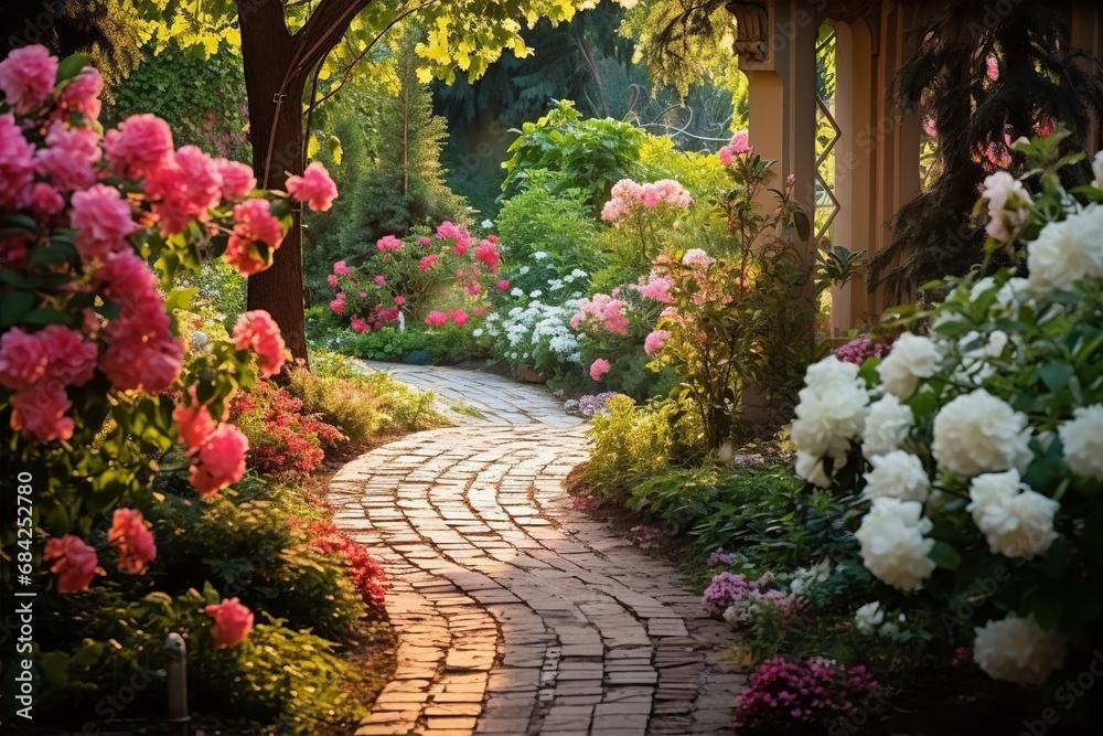 Path in the garden, beautiful flowers on the both sides