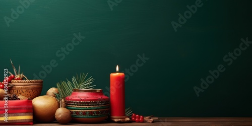 Kwanzaa, traditional table decoration with red candle, banner, copy space photo