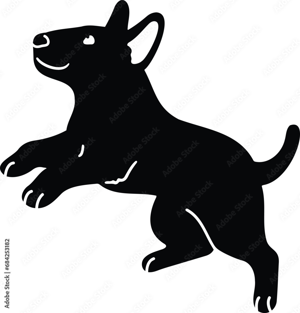 Cute and simple Silhouette of Bull Terrier Dog jumping with details