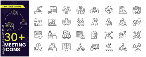 Meeting stroke outline icon set. Containing seminar, business meeting, presentation, interview, conference, assembly, agreement, and discussion icons. Stroke icon collection