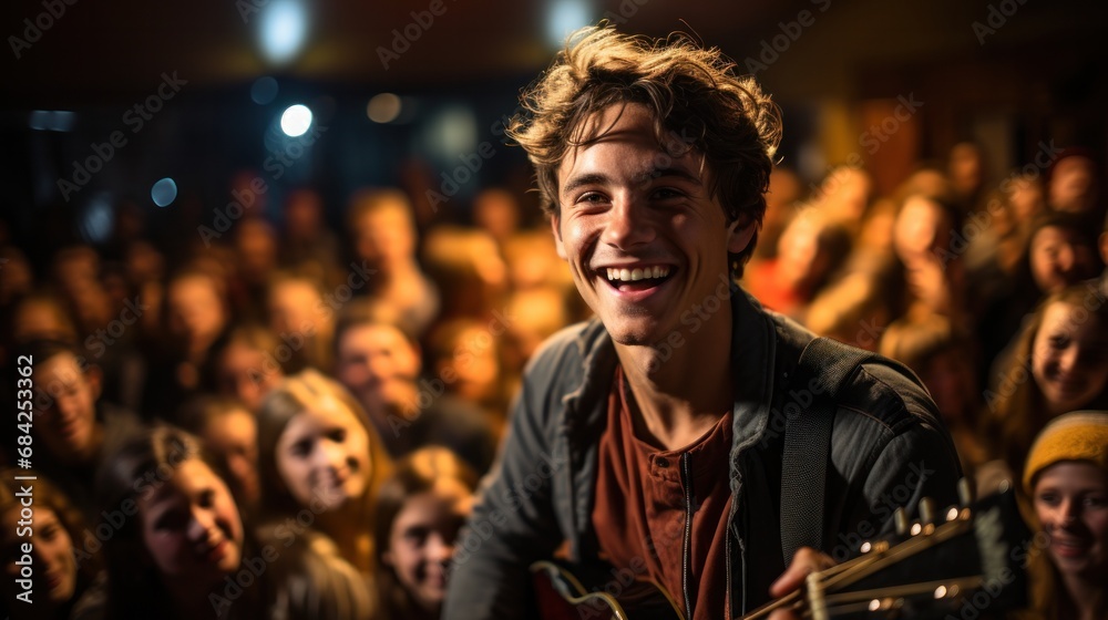 A young man joyfully plays an acoustic guitar in front of an audience, radiating happiness and musical talent.