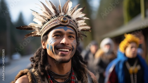 Smiling man with headdress and painted face at festival.