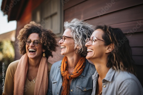 Cheerful group of diverse female celebrate their friendship and healthy lifestyle while  women laughing together.