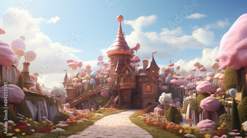  Whimsical Chocolate Factory, where candy gardens bloom with marshmallow flowers, and a chocolate river flows beneath a sky of spun sugar photo