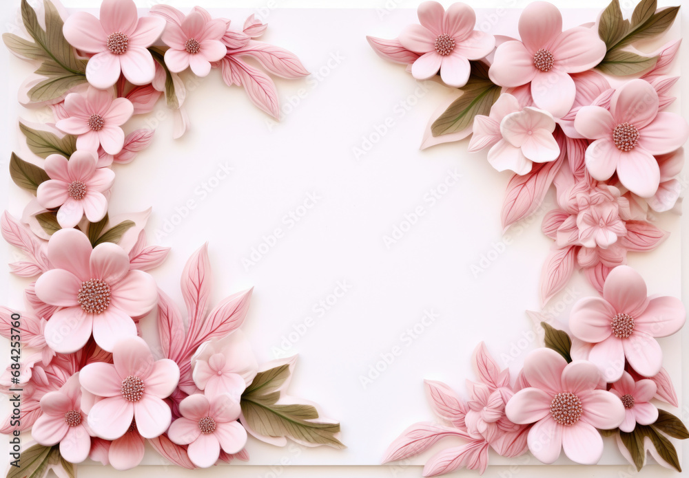 Frame with paper flowers on white background. Cut from paper. Place your text.