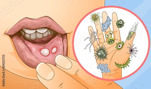 Oral disease. Stomatitis. Causes of stomatitis. Infection on dirty hands. Healthcare illustration. Vector illustration.